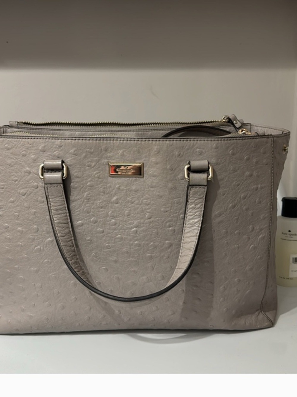 Kate Spade Bristol Drive Ostrich Large Handbag Purse Gray Taupe Tote Bag